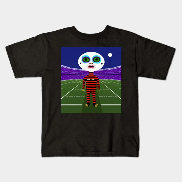 AI generated weird creature on Football field Kids T-Shirt by Catbrat